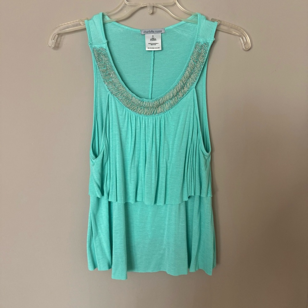 Charlotte Russe Medium Turquoise Embellished Ruffle Tank Top